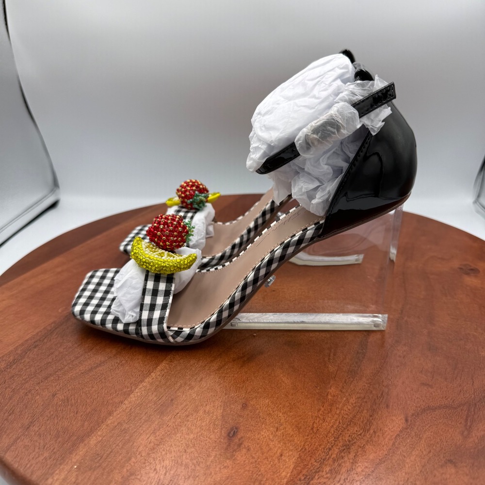 Betsey‎ Johnson Harlen Gingham Fruit Beaded Clear Wedge Sandals Black White 7.5 - Picture 2 of 14